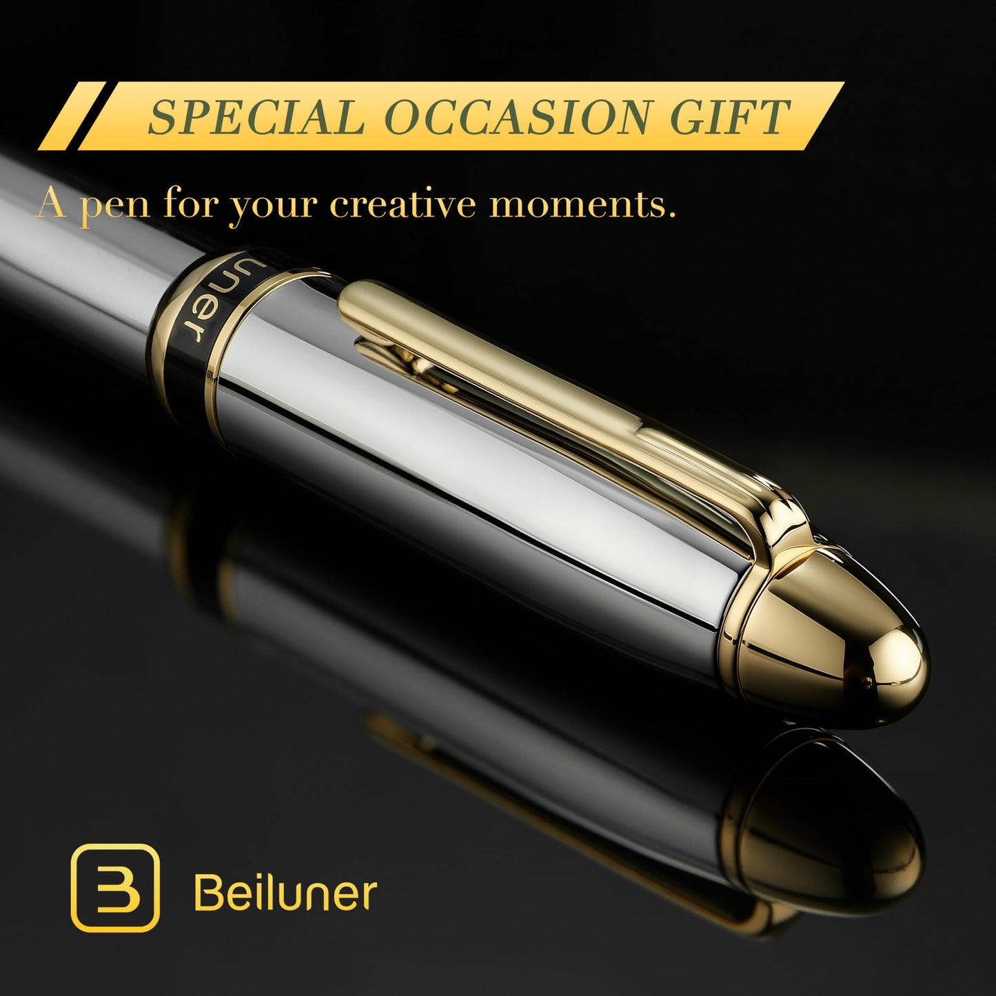 BEILUNER 315 Luxury Rollerball Pen, Stunning Silver Chrome with 24K Gold Finish, Luxury Grade Craftsmanship, Best Pen Gift Set for Men and Women, Graduation, Executive, Office, Fancy, Nice Pens